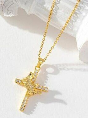 NEW Crown Cross Necklace for Women 14k‎ Gold Zircon Cross Pendant Religious